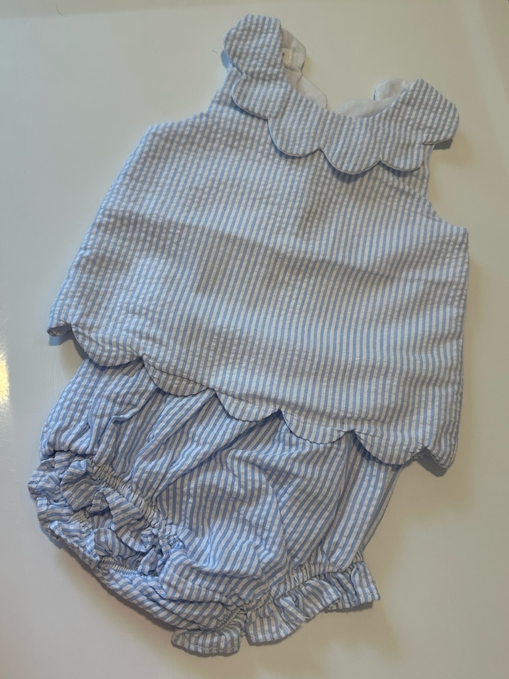 Mud Pie Baby Girl Blue Seersucker Scalloped Bloomer Set 6-9M